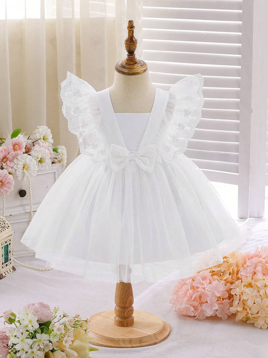 Baby Girl Cute Square Neck Sleeveless Bow Decor A-Line Mesh Dress, Versatile Fashion Outfit For Baby Girls, Suitable For Daily, Party, Outing In Spring & Summer - White - View 1