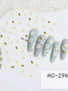 3Sheets Bee Daisy Flower Nail Art Stickers 3D Embossed Self-Adhesive Decals Spring Summer Floral Manicure - Multicolor - View 6