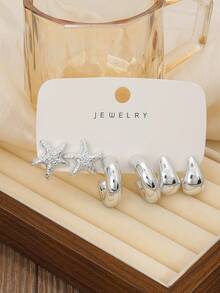 3/9 paires de boucles d'oreilles en résine argent bohème pour femmes, boucles d'oreilles créoles en forme de larme avec étoile de mer et coquillage. Bijoux pour porter au quotidien, en vacances d'été. Cadeau d'anniversaire pour maman, petite amie et amies - Argent - Voir 4