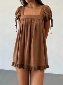 Women's Square Neck Puff Sleeve Lace Trim Blouse Summer Short Sleeve Babydoll Style Cute Casual Holiday Top 2026 - 咖啡色 - 查看 1