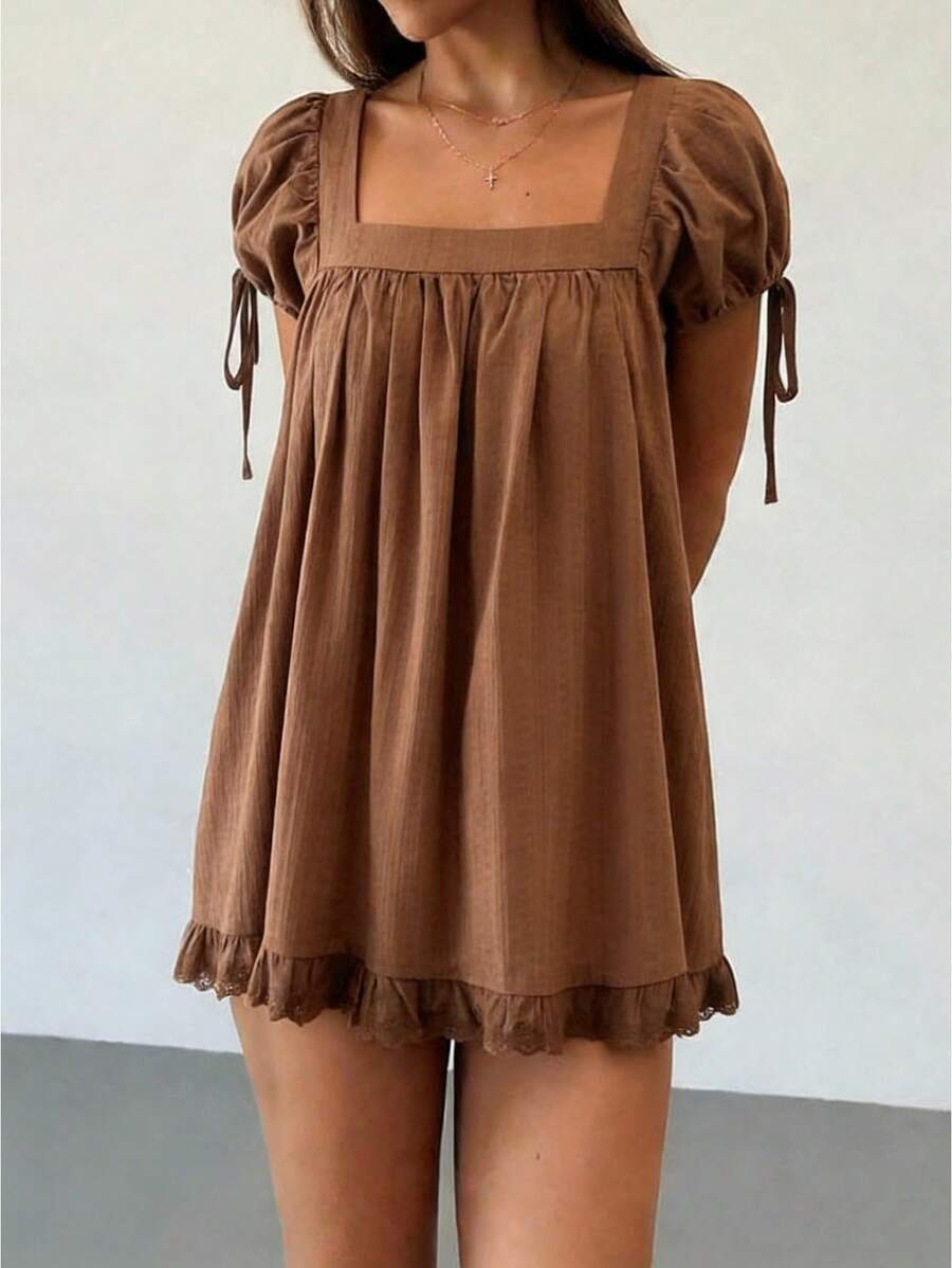 Women's Square Neck Puff Sleeve Lace Trim Blouse Summer Short Sleeve Babydoll Style Cute Casual Holiday Top 2026 - 咖啡色 - 查看 1