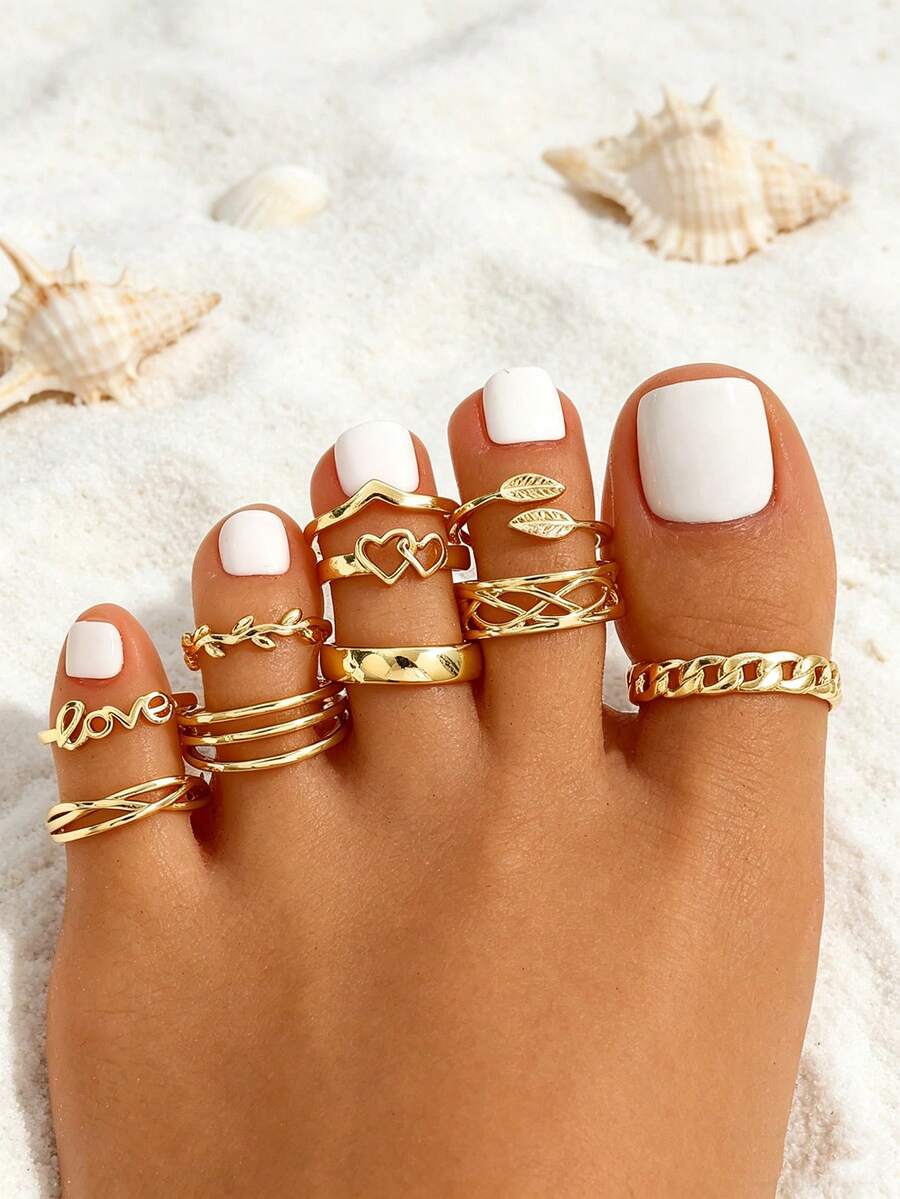 10件套波西米亚海滩度假风金属镂空几何线条心形雕刻脚趾戒指套装 - 金色 - 查看 1