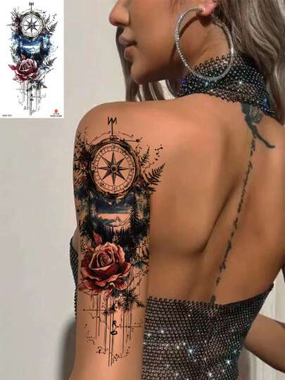 1pc Waterproof Temporary Tattoo Sticker, Stylish Compass & Floral Design, Dark Holiday Party Fake Tattoo, Easy To Use, Suitable For Women's Arms, Legs, Lasts 7-14 Days, Essential For Parties, Music Festivals