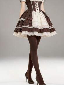 A Pair Of Classic Lolita-Style Brown Satin Matte Pantyhose For Ladies, Slimming Velvet Base Socks, Perfect For Sweet Girls. Essential For Any Lady. - Brown - View 2