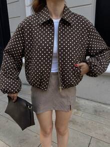 Women's Brown Polka Dot Zip Pocket Jacket - Casual Loose Lapel Spring/Autumn Coat - Brown - View 10