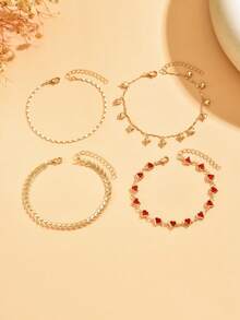 4pcs/Set Fashionable Multi-Layer Gold Tone Anklet Set With Red Heart & Tassel Charms, Suitable For Daily, Party, Beach Vacation Wear. Handmade Chains Can Be Customized In Length And Bead Count - Multicolor - View 2