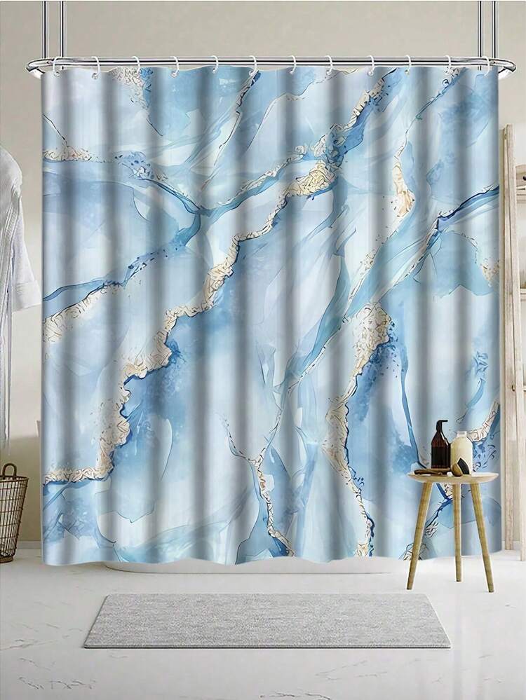 1件/4件套浴室浴帘套装，浴帘，浴室装饰套装，浴帘套装，浴帘，浴室装饰，浴室地垫，浴垫，浴室地毯，蓝色大理石图案，现代简约风格，四季主题装饰，经典简约豪华浴室套装，配有12个挂钩。 - A - 查看 15