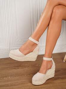 Giày đế xuồng và đế cao kiểu espadrille cho nữ, sandal quai ngang dệt màu đen mũi tròn thích hợp cho kỳ nghỉ biển, đế dây thun co giãn, kết hợp với giày nữ. - Màu be - Xem 2