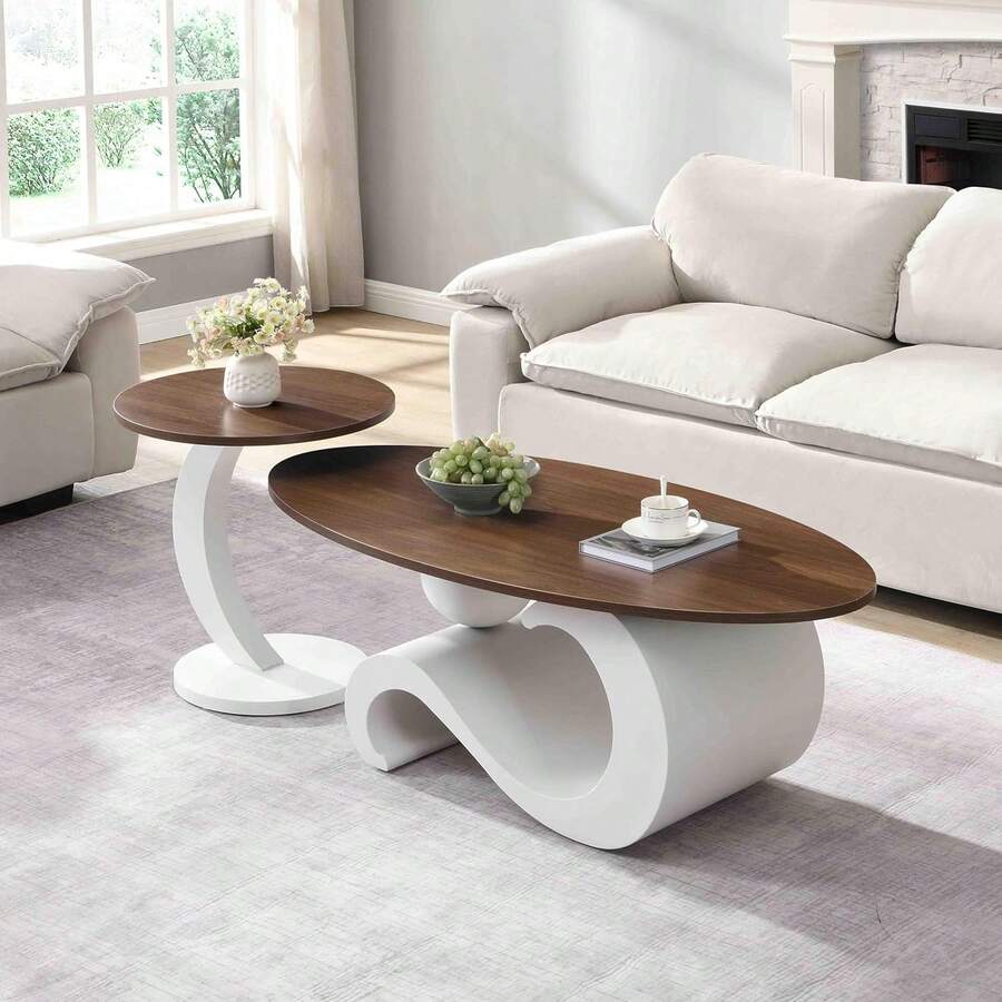 Modern Nesting Coffee Table Set Of 2, 2-Piece Oval Decorative Living Room Table Set With White Faux Marble Top And Gold Metal Base, Oval Coffee Table And Round End Table Set - White-3 - View 1