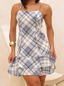 Women's Short Plaid Dress With Padded Cups, Spaghetti Straps, Flared Hem, Ruffled Detail, For June Festivals, Saint John's Day, July Festival Look, Boho Casual Women's Fashion, Backless / Backless, Vacation - 淺藍色 - 查看 3