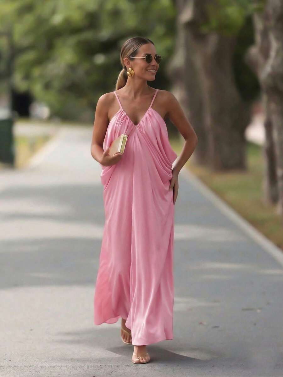 春夏女士粉色缎面长裙，吊带V领褶皱飘逸连衣裙，休闲沙滩度假派对礼服，优雅 - 淺粉色 - 查看 1