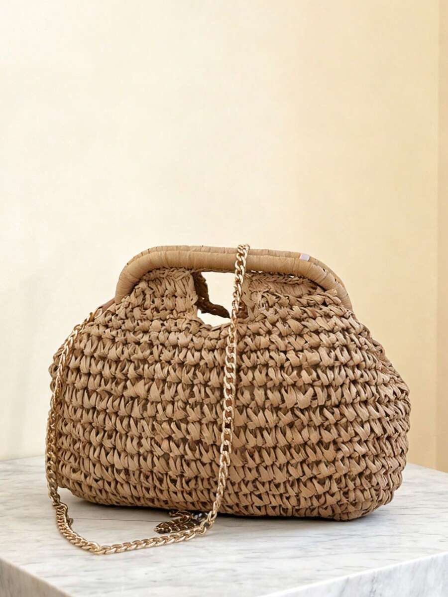 Seashore Vacation Shell Bag, New Women's Handbag, Forest Style Woven Straw Shoulder Bag, Travel Beach Chain Crossbody Bag, Solid Khaki Women's Handbag, Hollow Woven Straw Design, Top Opening, Dual Top Handles, Metal Shoulder Strap, Suitable For Girls' Vacation, Shopping, Dating, Travel And Other Occasions - Khaki - View 1