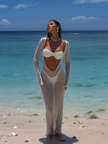 New Spring/Summer Knit Maxi Dress, Deep V Hollow-Out Design At Waist & Abdomen, Loose Relaxed Fit, Sexy & Mature Resort Style, Suitable For Beach, Seaside, Swimming Vacation - Beige - View 4