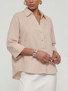 Women's Casual Loose Fit Turndown Collar Blouse, Spring/Summer - Light Khaki - View 8