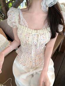 Áo sơ mi nữ tay cánh hoa màu trắng kiểu Pháp mùa xuân/hè, dáng ôm, tay ngắn. - trắng - Xem 2