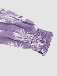 优雅花卉印花拼接V领收腰长袖连衣裙，适合休闲、度假、办公、日常约会、派对及各种场合。 - 淡紫色 - 查看 6