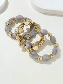 3pcs/Set Gelang Manik-Manik Akrilik Tebal Multi-Lapisan Multi-Warna Gaya Bohemian Vintage Modis dengan Hiasan Batu Hancur Emas untuk Wanita - MultiWarna - View 4