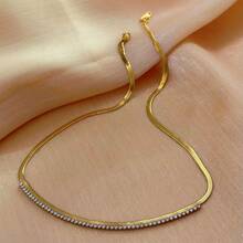 VKHK 1pc Vintage 18K Gold Plated Stainless Steel Water Drop Crystal Inlaid Chain Necklace, Daily & Wedding Occasion Gift For Women - Necklace - View 7