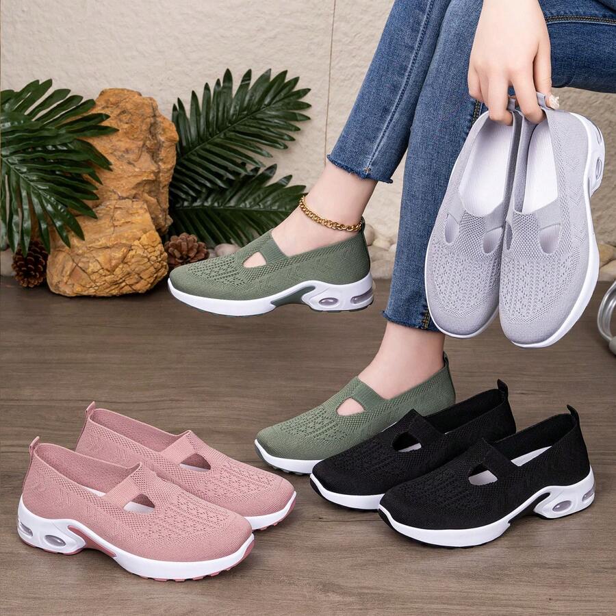 1 đôi giày thể thao nữ bằng vải dệt kim, màu đen, hồng, xanh lá cây, xám, thoáng khí và thoải mái. - màu đen - Xem 1