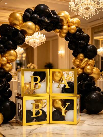 Hộp bóng bay trong suốt chữ BABY màu vàng kim, 4 hộp trang trí chữ cái kèm bóng bay đen, vàng và trắng cho tiệc mừng em bé, đám cưới, sinh nhật, tiệc tiết lộ giới tính.