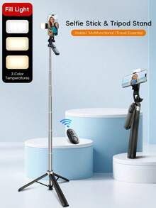 Gậy selfie kiêm chân máy có đèn LED hai màu ấm và lạnh, chống rối, có thể kéo dài 51,2 inch, kèm điều khiển từ xa không dây, xoay 360°, tương thích với iPhone, Android, camera hành động, livestream, vlog, du lịch, quà tặng Ngày của Mẹ, quà sinh nhật. - A - Xem 2