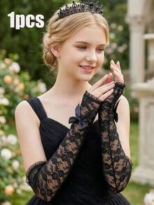 1 Pair 14-16Y Girls' Long Bow Lace Fingerless Gloves, White Lace Gloves, Suitable For First Communion, Communion Gifts, Holy Communion, Communion Keepsake, Suitable For Girl And Girls, Applicable For Wedding, Celebration, Flower Girl, Dance Performance, Birthday Party Princess Photo Props, Suitable For Bride, Evening Gown, Prom - 1Pair - View 2
