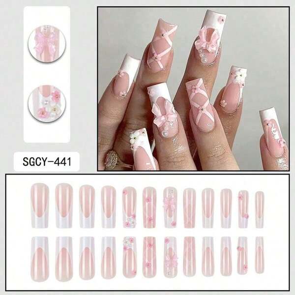 3D Floral French Tip Press-On Nails - 24 Piece False Nail Set With Bow Details, Salon Quality Manicure Kit,Press One Nails>Press On Nails Hollween Press Ons Homemade Press On Nails Press On Nails Handmade Homemade Nails Fall Christmas Gifts Navidad Liquidacion,Halloween Accessories