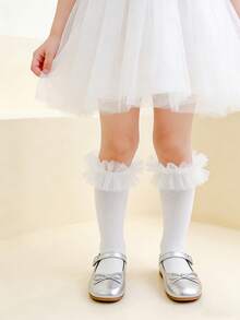 1双女童时尚网纱蕾丝边中筒袜，女童百搭日常过膝袜，适合搭配连衣裙，四季皆宜 - 白色 - 查看 6