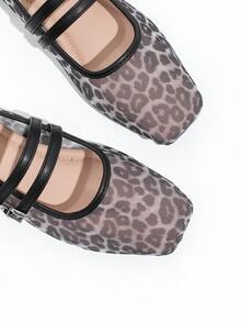 Giày Mary Jane lưới in họa tiết da báo, khóa đôi, kiểu giày lười đế bằng cổ điển ngọt ngào. - Họa tiết da báo - Xem 5