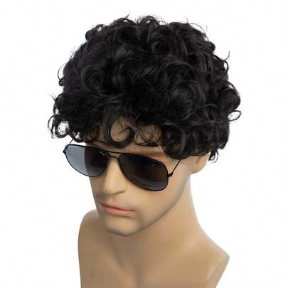 6 Inch Men's Short Black Curly Wig, High Temperature Synthetic Hair, Natural Fluffy Male Wig For Daily, Cosplay, Party, Halloween