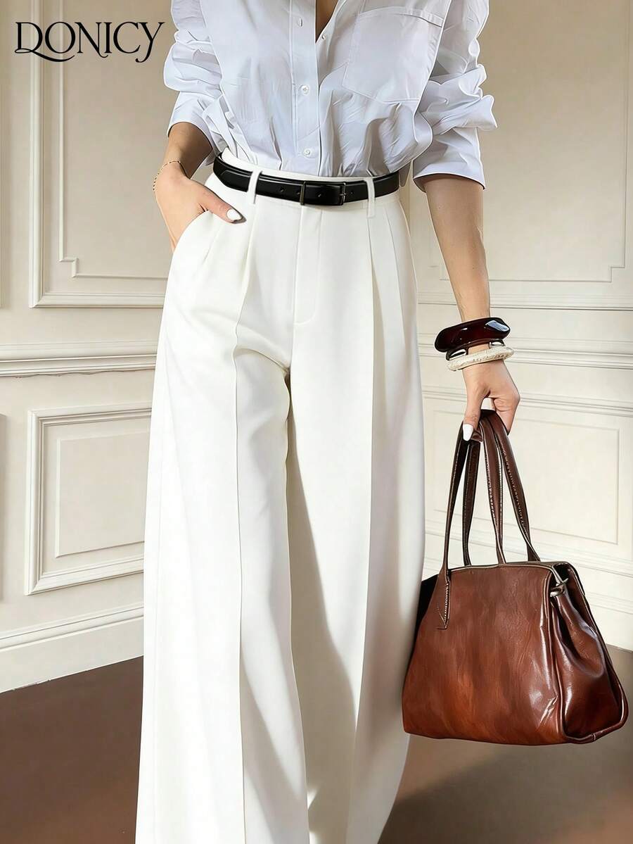 Women's White Wide Leg Pants, Fashionable Casual Trousers With Pockets - White - View 1