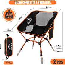 2 pezzi Sedia da campeggio portatile, ultra leggera e pieghevole, carico massimo 130 kg, adatta per campeggio, giardino, spiaggia, pesca, picnic, viaggio (arancione) - Arancione - 1 pz - Visualizzare 9