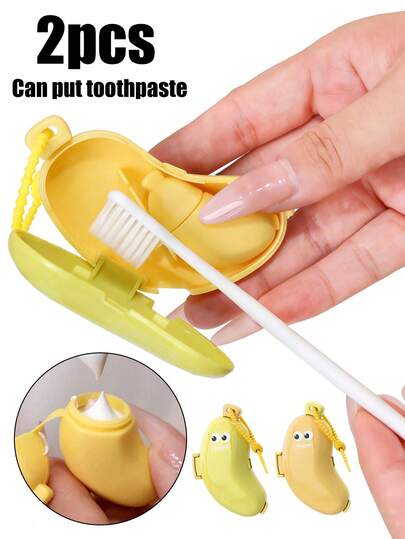 2pcs Cute Banana Shaped Toothbrush Holder And Travel Set, Mini 2-In-1 Toothbrush Protective Storage Set With Built-In Silicone Toothpaste Capsule Storage Box, With Hanging Rope, Easy Drainage, Suitable For Business Travel, Hotel, Student Dorm, Convenient Storage And Carrying, Ideal For Students And Couples