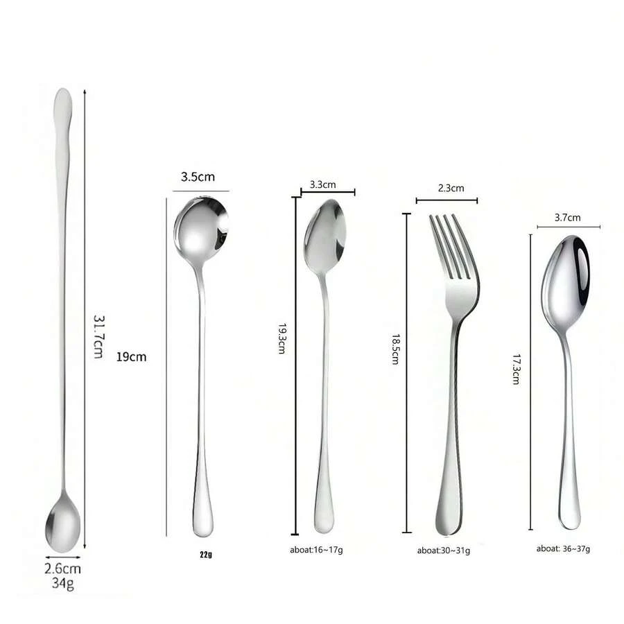 5Pcs/1pc Stainless Steel Flatware Set - Long Handle Spoon, Tea Spoon, Coffee Spoon, Dinner Fork & Table Spoon, Reusable Metal Utensils For Home & Kitchen - Silver - View 1