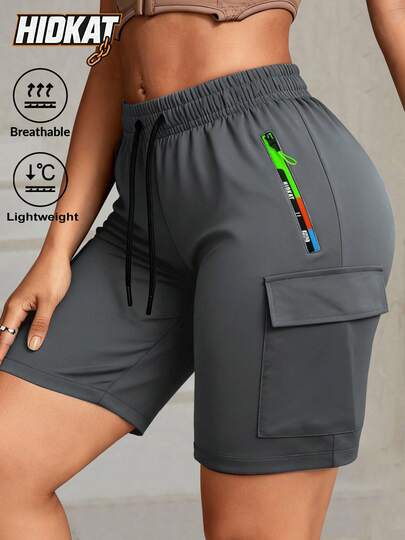 Hidkat Quần short nữ kiểu dáng casual, cạp chun, thiết kế túi khóa kéo phối màu, quần Bermuda nhẹ và thoáng khí, phù hợp cho mặc hàng ngày.