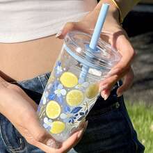 HILAKE 16oz Lemon Flower & Bow Print Plastic Water Bottle With Straw - Portable Design For Iced Coffee And Hydration - Perfect Gift For Family, Friends, Sisters, Loved Ones And Colleagues For Christmas, Valentine's Day, Weddings - Multicolor - View 8