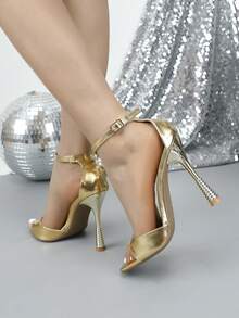 女士时尚方头细高跟凉鞋 - 金色 - 查看 7