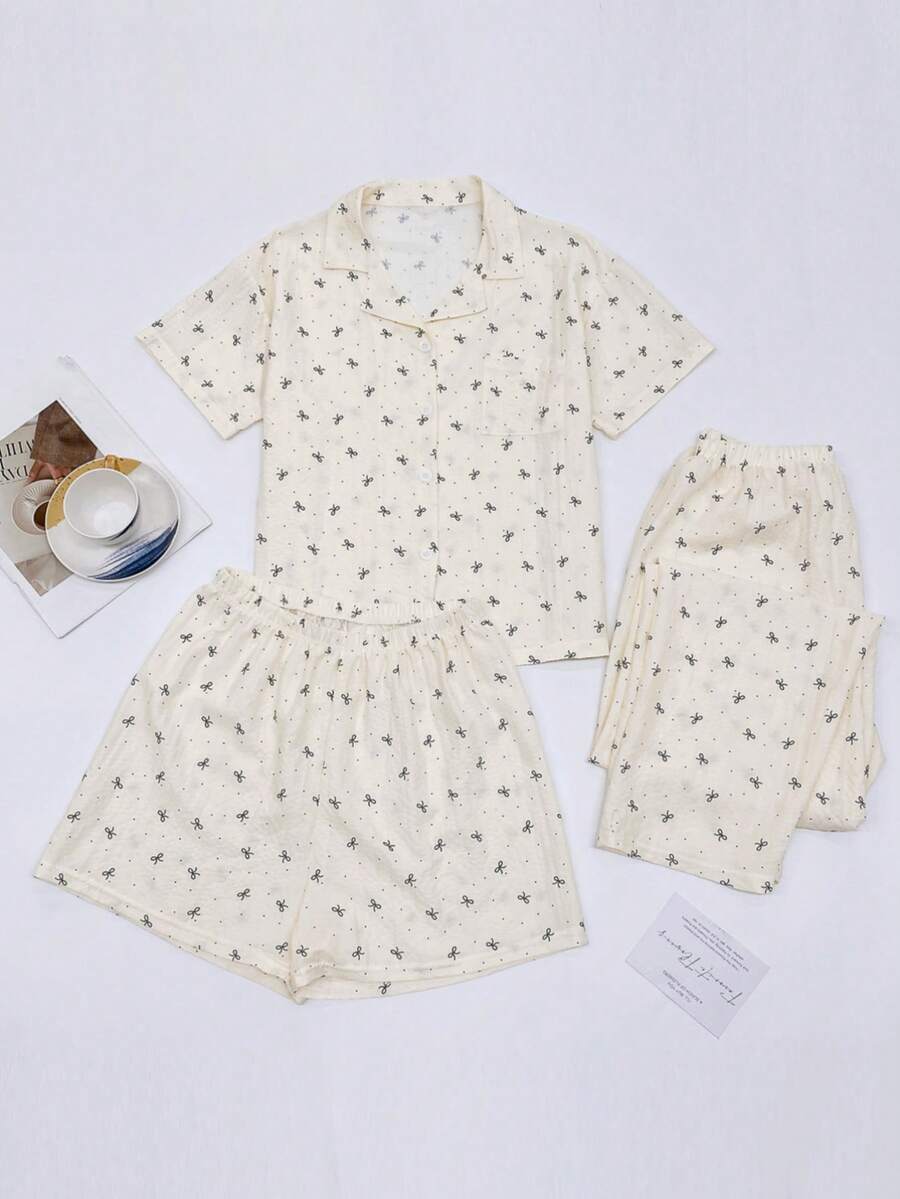 3 piezas Conjunto de pijama casual con estampado de moños negros para mujer, cómodo cárdigan de manga corta, top con cuello y pantalones/shorts sueltos, adecuado para fiestas, ropa de estar en casa para todas las estaciones - Beis - Ver 1