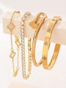 4pcs 18K Gold Plated Luxury Stainless Steel Four-Leaf Clover Fully Paved Crystal Bracelet Set, Suitable For Women's Birthday, Party, Wedding, And Special Occasions - Style 4 - View 2