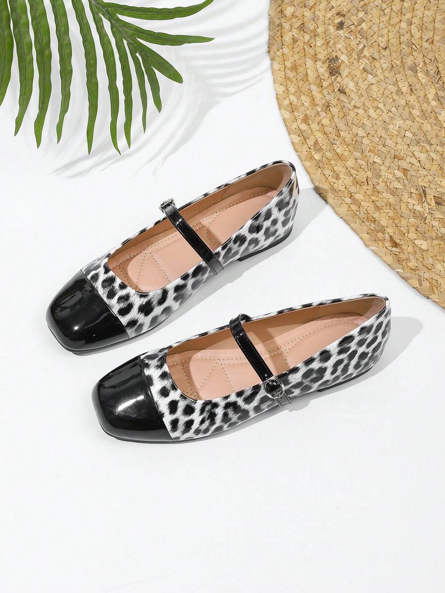 JiaYunNvXie Square Toe Mary Jane Flats, Leopard Print Patchwork, School Girl Uniform Style Leather Shoes, Glossy Sexy Pumps For Women