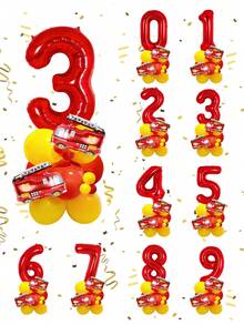 23pcs Fire Truck & Number Balloon Set, Includes Mini Fire Truck Balloon, 32-Inch Red Number Balloons, Yellow & Red Latex Balloons, Suitable For Birthday Party Decoration, 0-9 Years Old Birthday Party, Firefighter Theme Party, Rescue Theme Decor - Multicolor - View 3