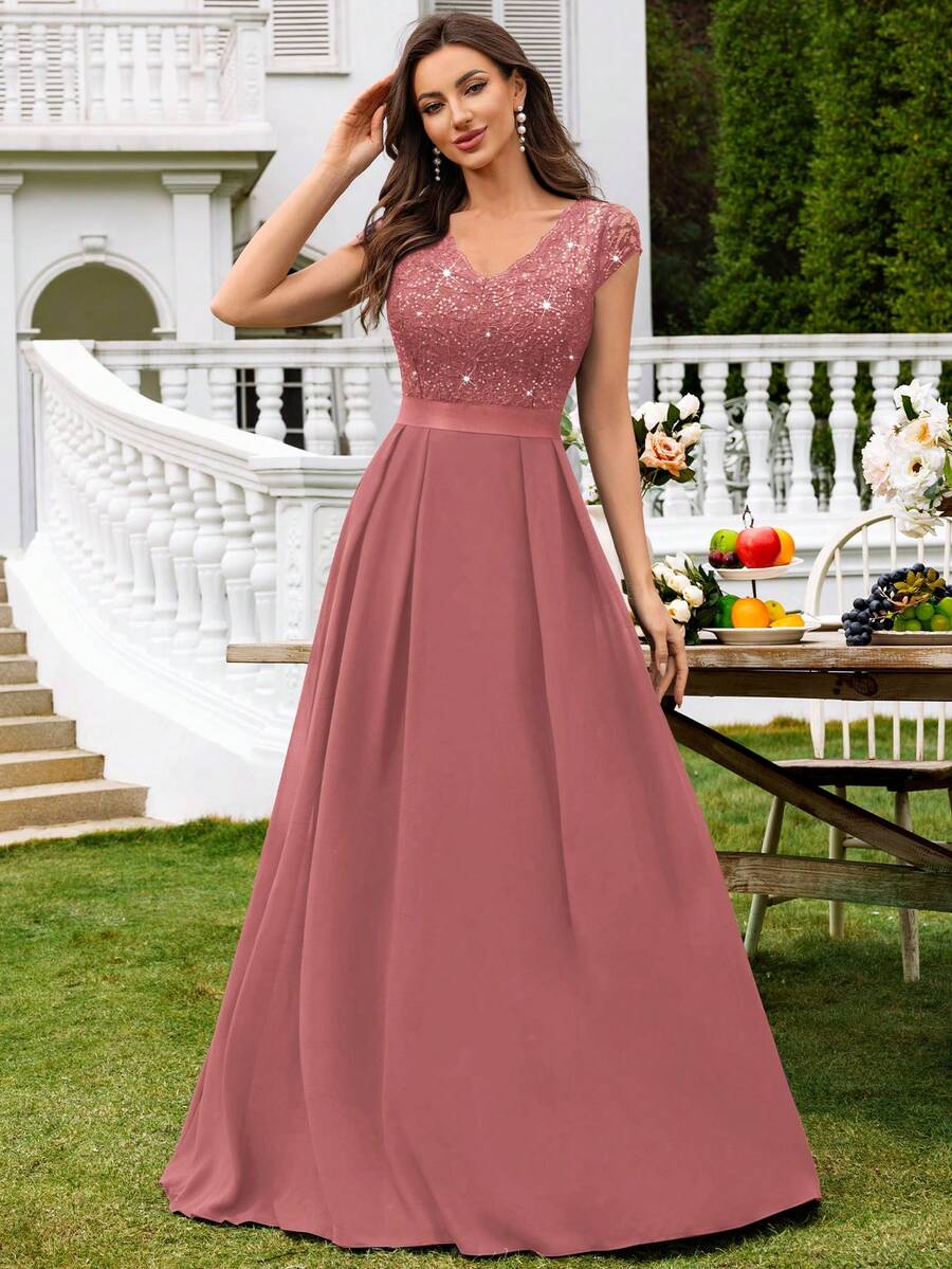 MIUSOL Vestido con cuello en V, encaje con lentejuelas, manga corta de gasa, bajo plisado, vestido elegante para mujer, vestido de fiesta formal, vestido de graduación y baile de promoción