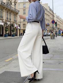 Women's White Wide Leg Pants, Fashionable Casual Trousers With Pockets - White - View 7
