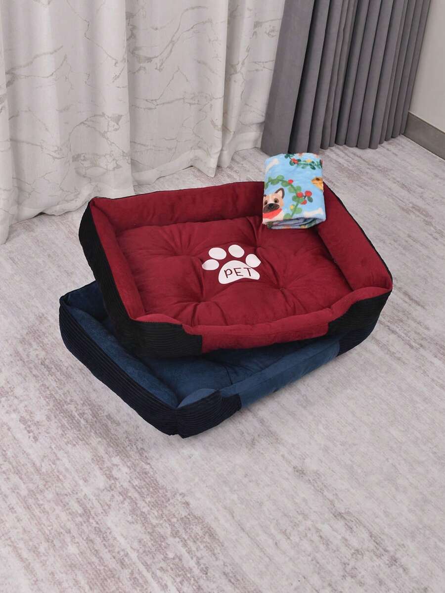 2 pièces Coussin de lit pour animaux de compagnie + Couverture, Convient pour animaux de compagnie de taille moyenne et petite, Tapis de sommeil pour animaux de compagnie, Cadeau pour animaux de compagnie pour les fêtes - Rouge - Voir 1
