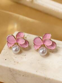1 par de pendientes elegantes y versátiles con flores y perlas falsas, adecuados para el uso diario y festivo de las mujeres - Rosa - Ver 4