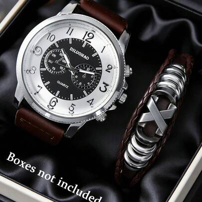 Bộ 2 món đồng hồ thạch anh kim tròn thời trang nam và vòng tay casual, thích hợp làm quà tặng cho sinh viên trở lại trường, phù hợp để đeo hàng ngày hoặc làm quà sinh nhật.
