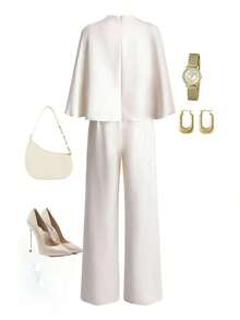 Women's Winter French Style Shawl Collar Jumpsuit, Metal Buckle Belt Slim Fit Casual Formal One-Piece Outfit - 淺藍色 - 查看 9
