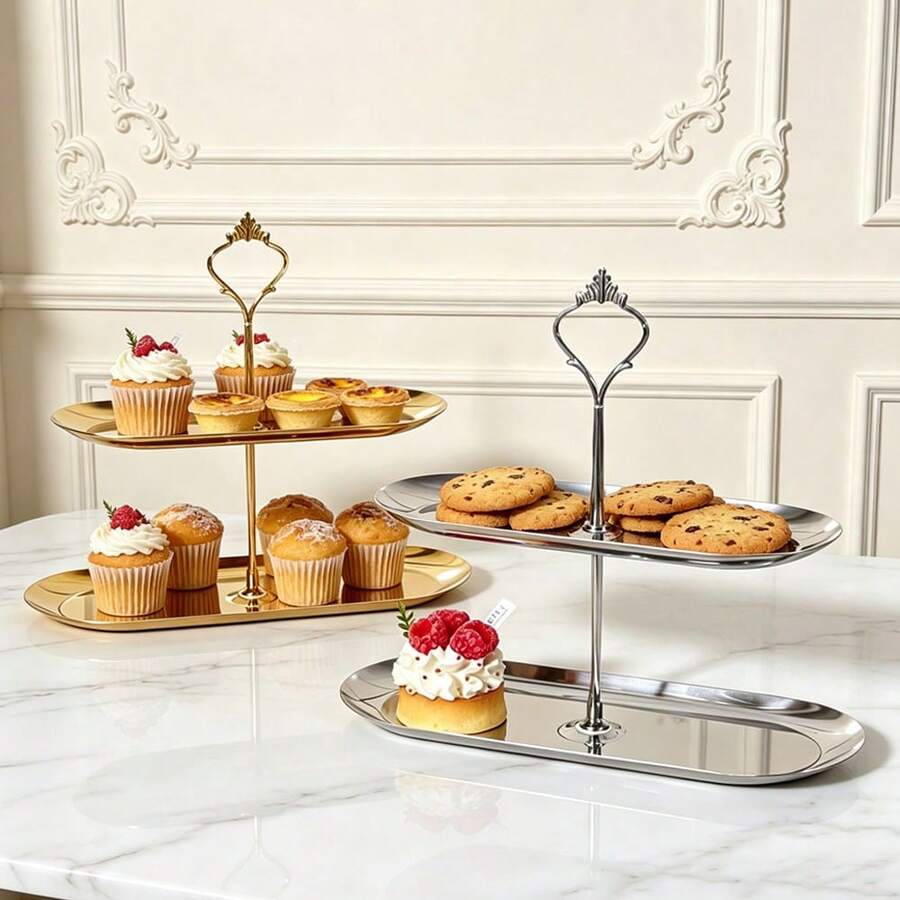1 chiếc giá đựng bánh cupcake hai tầng bằng thép không gỉ, đĩa đựng trái cây, đĩa tráng miệng, kệ đựng bánh, đĩa bánh mì hình bầu dục, giá để bánh, tháp bánh, tháp trưng bày bánh cupcake cho tiệc, giá trưng bày tráng miệng, thích hợp cho bánh sinh nhật, tiệc tùng, đám cưới, tiệc trà chiều. - Xem 1