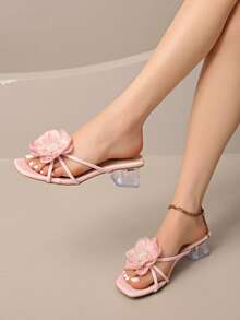 2025 Summer New French Thick Heel Faux Pearl Flower Strap Sandals, Open Toe Versatile Mid-Heel Slippers For Women - Pink - View 4