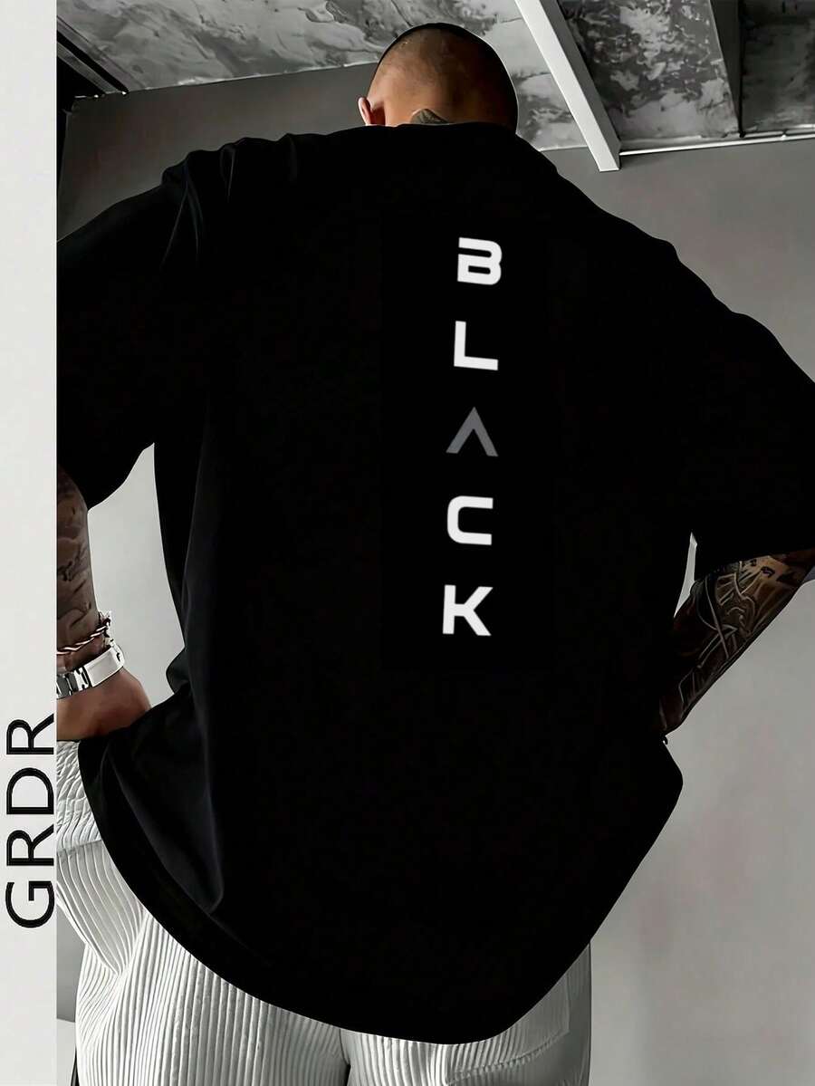 GRDR Kaos Pria Kasual Hitam dengan Motif Huruf, Leher Bulat, Lengan Pendek, Nyaman & Modis - Hitam - View 1
